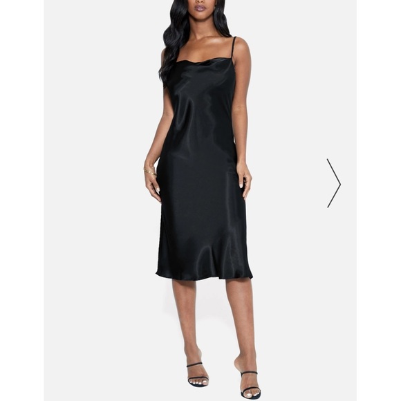 BEBE: LBD Satin Bodycon Cowl Neck Slip Dress - Picture 14 of 15